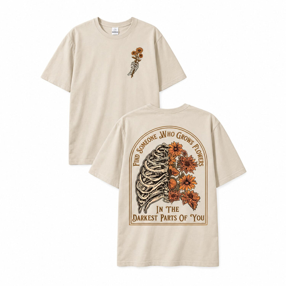 Skeleton Sunflower Graphic T-Shirt/Sweatshirt/Hoodie – Vintage Gothic Floral Front & Back Tee