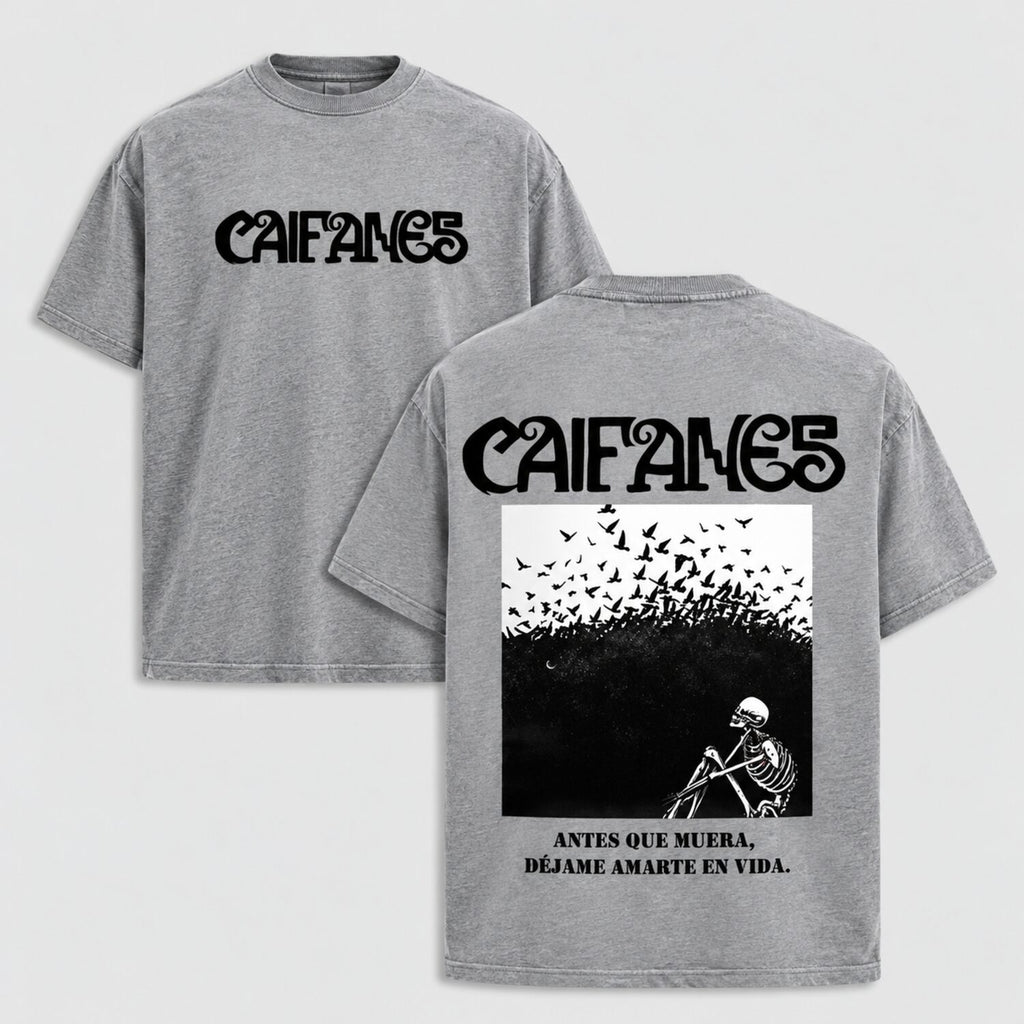 Caifanes Vintage Washed Graphic T-Shirt/Sweatshirt/Hoodie – Skeleton Birds Double-Sided Print, Mexican Rock Streetwear Tee