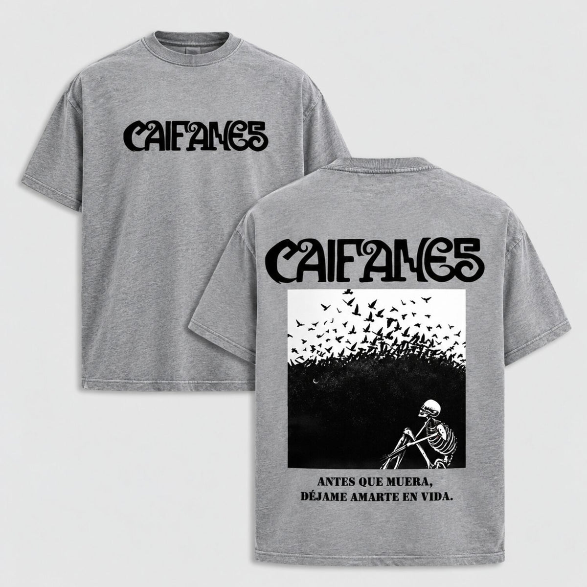 Caifanes Vintage Washed Graphic T-Shirt/Sweatshirt/Hoodie – Skeleton Birds Double-Sided Print, Mexican Rock Streetwear Tee
