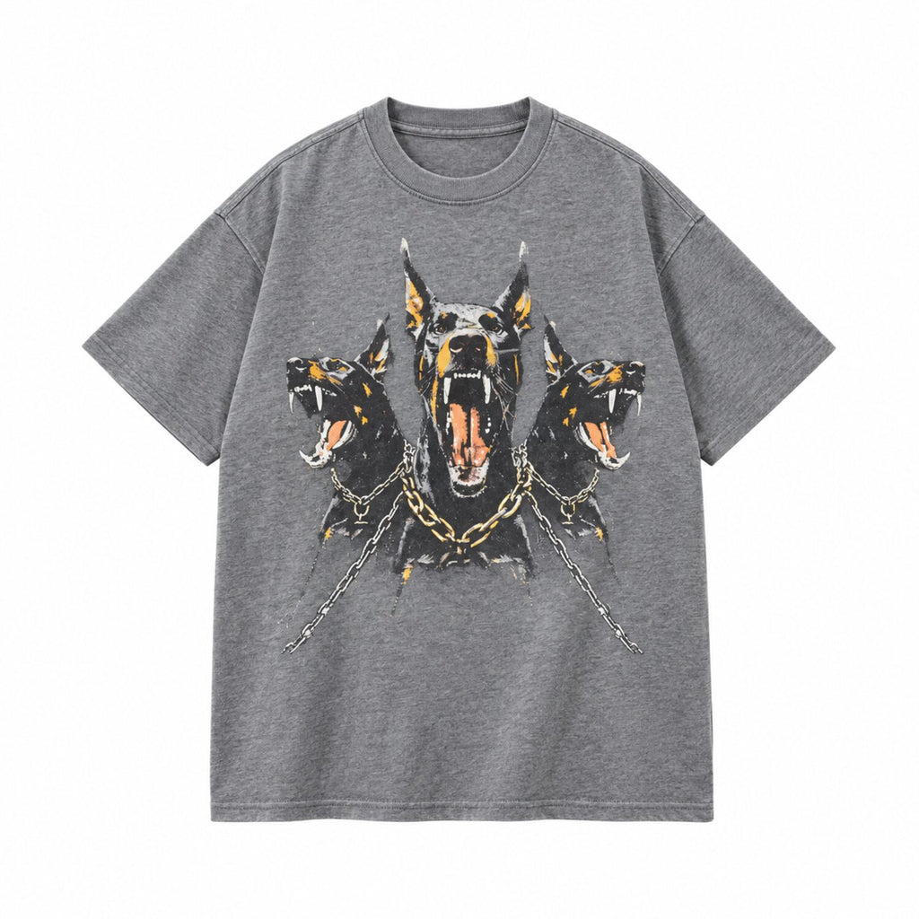 Vintage Washed Doberman Graphic Tee – Oversized Dark Streetwear T-Shirt/Sweatshirt/Hoodie with Distressed Chain Print