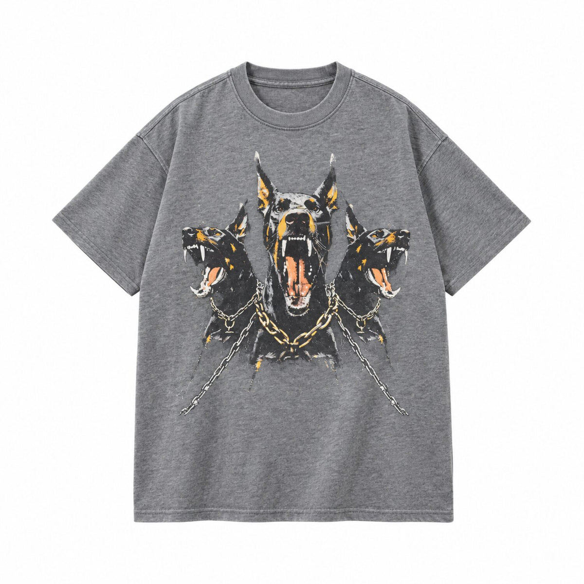 Vintage Washed Doberman Graphic Tee – Oversized Dark Streetwear T-Shirt/Sweatshirt/Hoodie with Distressed Chain Print