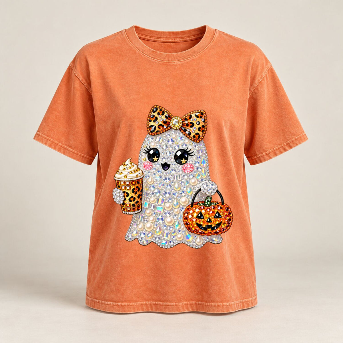 Coquette Ghost Halloween Rhinestone-Look Print T-Shirt/Sweatshirt/Hoodie – Cute Pearl Bow Pumpkin Coffee Graphic Tee