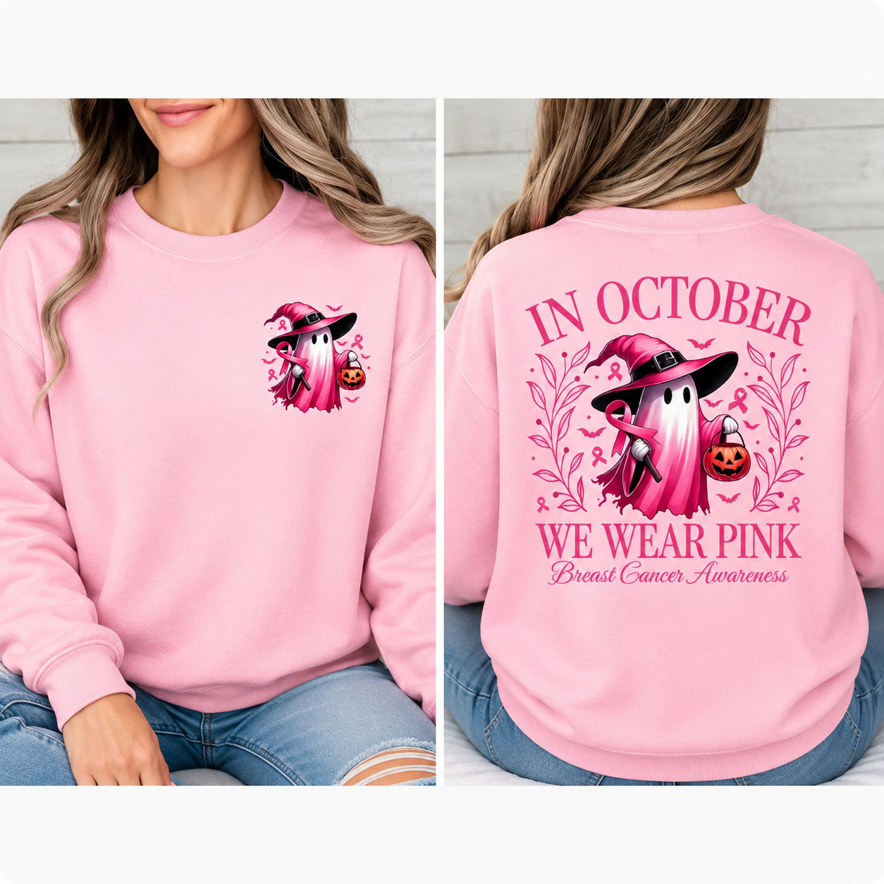 In October We Wear Pink Ghost Shirt/Sweatshirt/Hoodie – Breast Cancer Awareness Halloween Graphic Tee