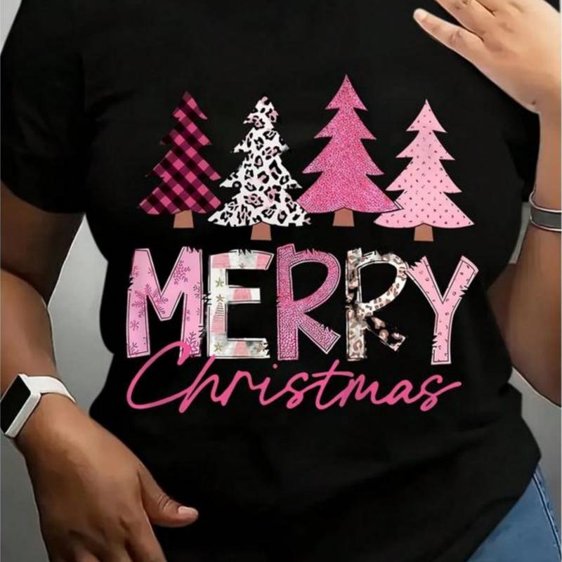 Merry Christmas T-Shirt For Women Festive Pink Plaid & Leopard Print Trees Design Holiday Seasonal Graphic Tee Cute Xmas Party Gift Idea 100% Cotton Fabric Regular Fit Short Sleeve Tops Style Lightweight