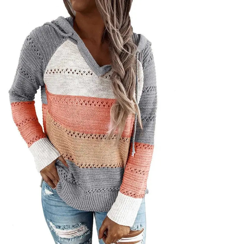 Women’s Color Block Knit Hoodie – Casual Openwork Pullover Sweater