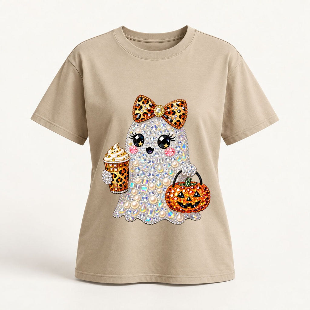 Coquette Ghost Halloween Rhinestone-Look Print T-Shirt/Sweatshirt/Hoodie – Cute Pearl Bow Pumpkin Coffee Graphic Tee