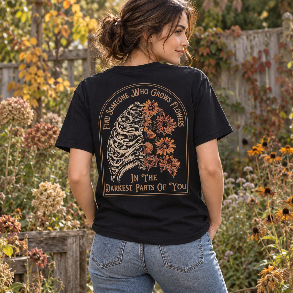 Skeleton Sunflower Graphic T-Shirt/Sweatshirt/Hoodie – Vintage Gothic Floral Front & Back Tee