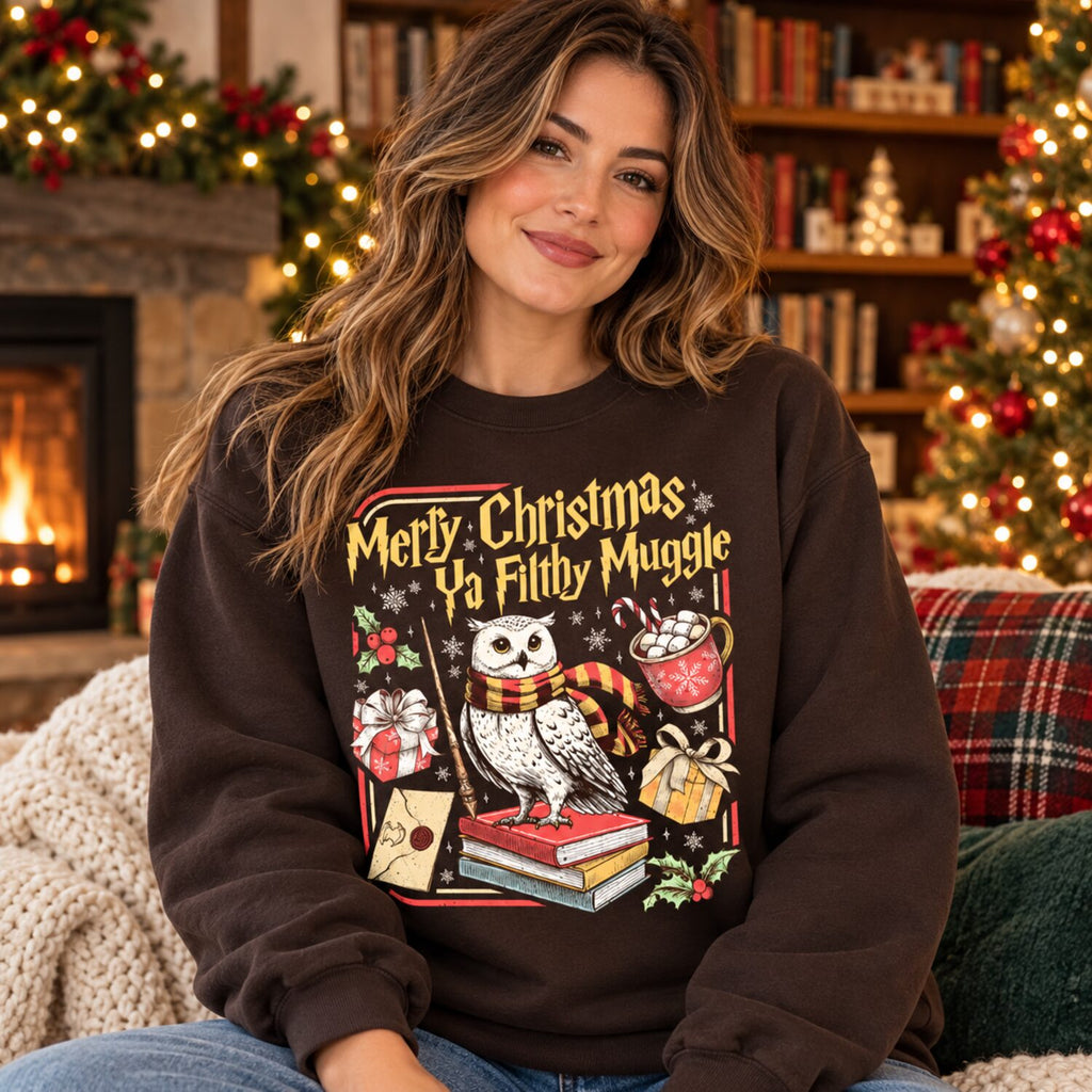 Merry Christmas Ya Filthy Muggle Sweatshirt/Hoodie/T-Shirt – Vintage Wizard Owl Holiday Crewneck