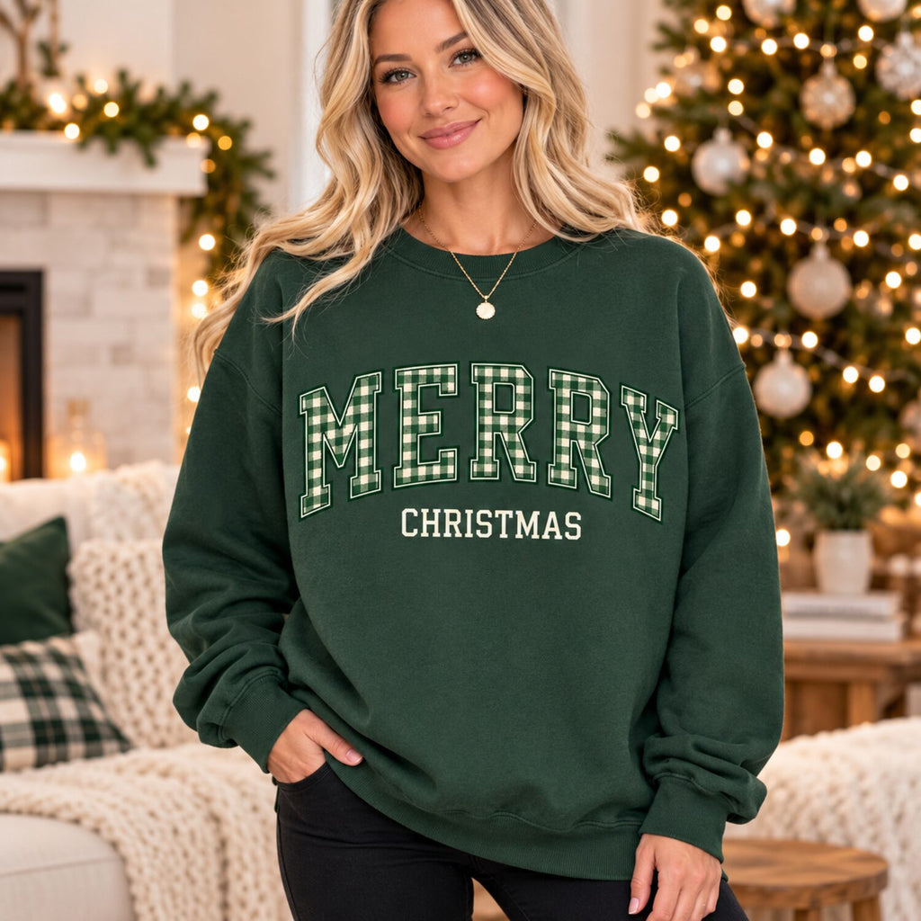 Merry Christmas Plaid Varsity Sweatshirt/Hoodie/T-Shirt – Vintage Green Oversized Holiday Crewneck