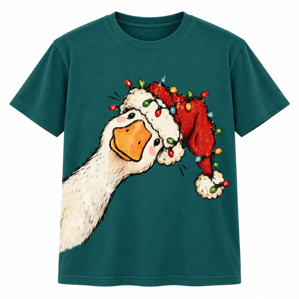 Funny Christmas Goose Sweatshirt/Hoodie/T-Shirt – Cute Santa Hat & Holiday Lights Graphic Crewneck, Festive Green Pullover for Women