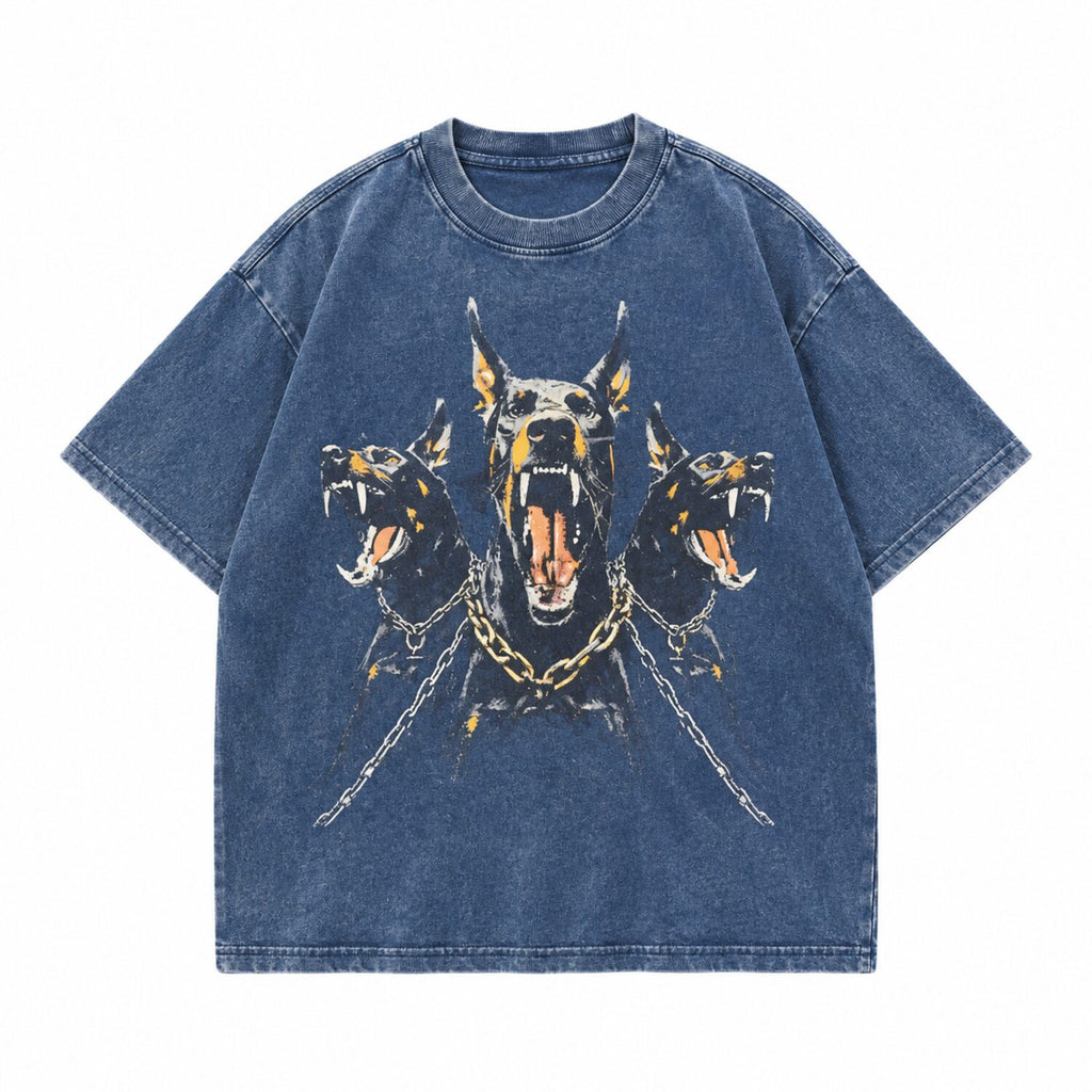 Vintage Washed Doberman Graphic Tee – Oversized Dark Streetwear T-Shirt/Sweatshirt/Hoodie with Distressed Chain Print