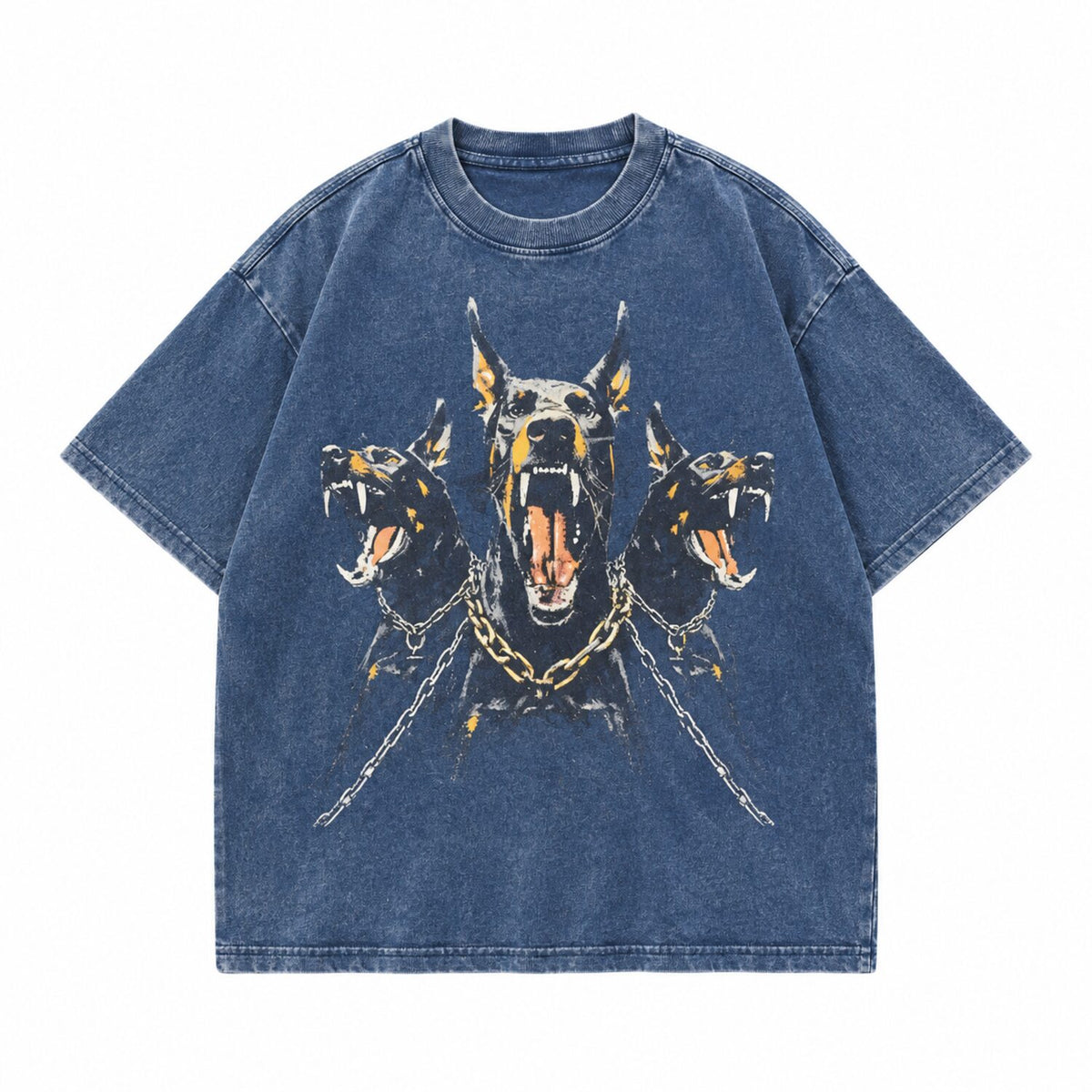 Vintage Washed Doberman Graphic Tee – Oversized Dark Streetwear T-Shirt/Sweatshirt/Hoodie with Distressed Chain Print