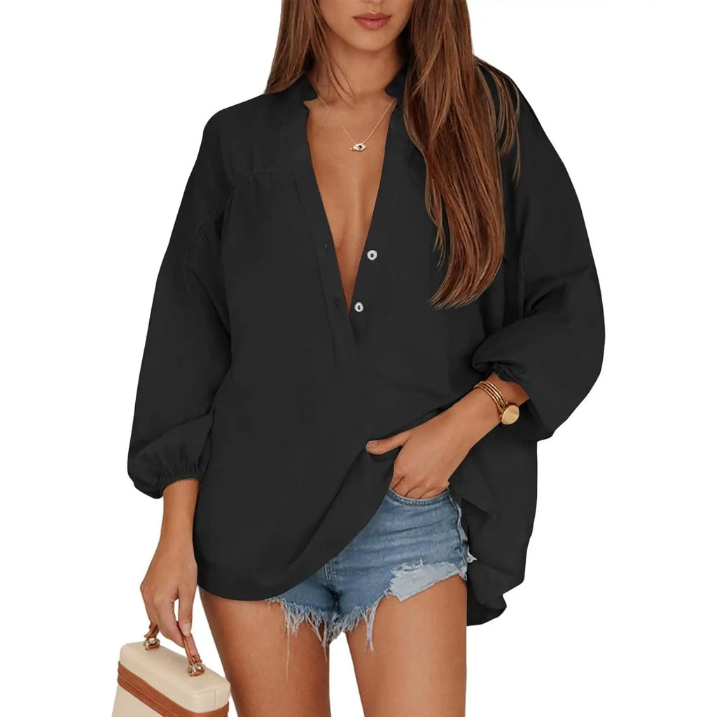 Women’s V Neck Button Down Blouse – 3/4 Sleeve Loose Fit High Low Hem Casual Tunic Top