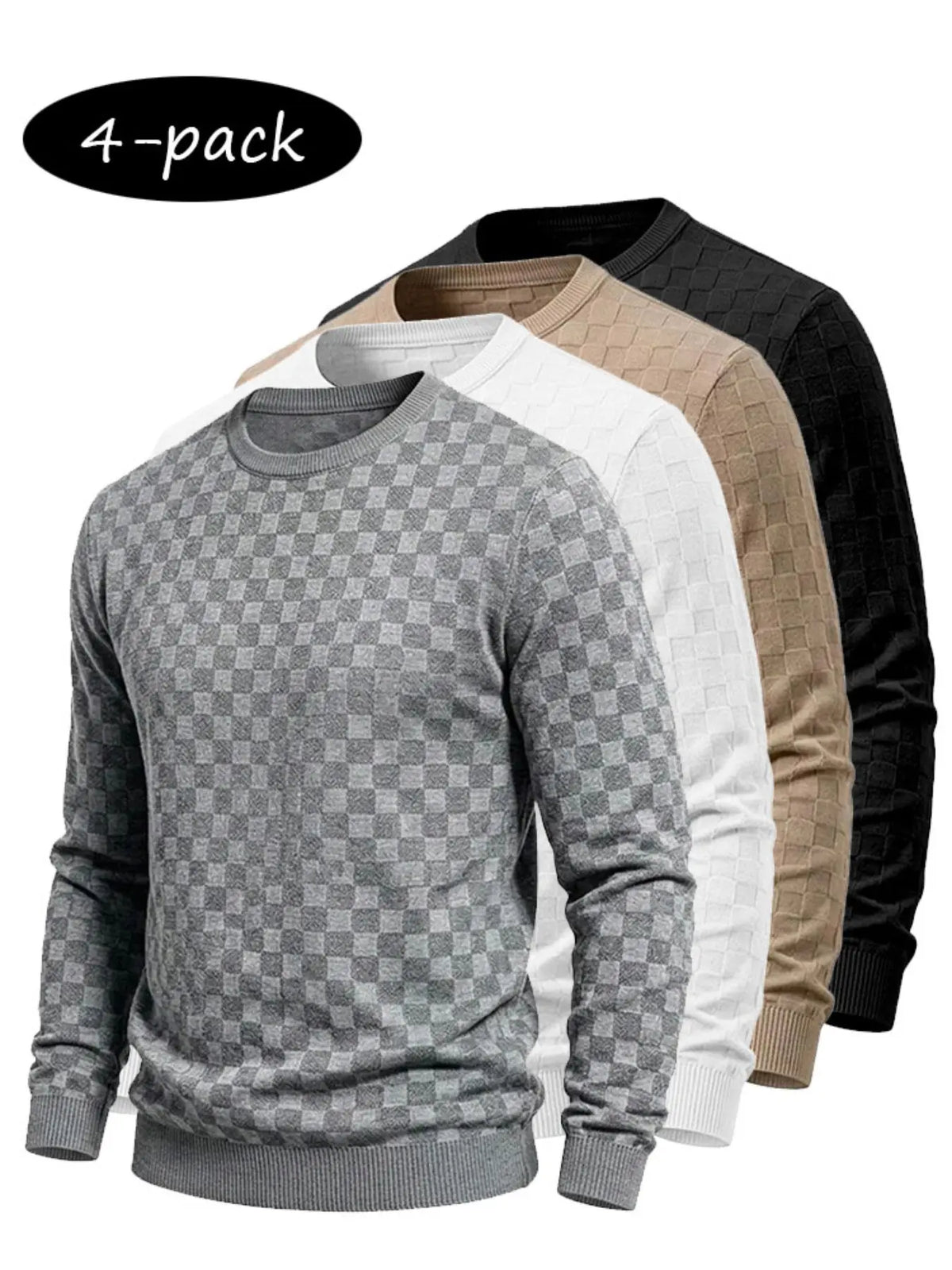 4-Pack Men’s Checkered Knit Sweaters – Lightweight Crewneck Long Sleeve Pullovers