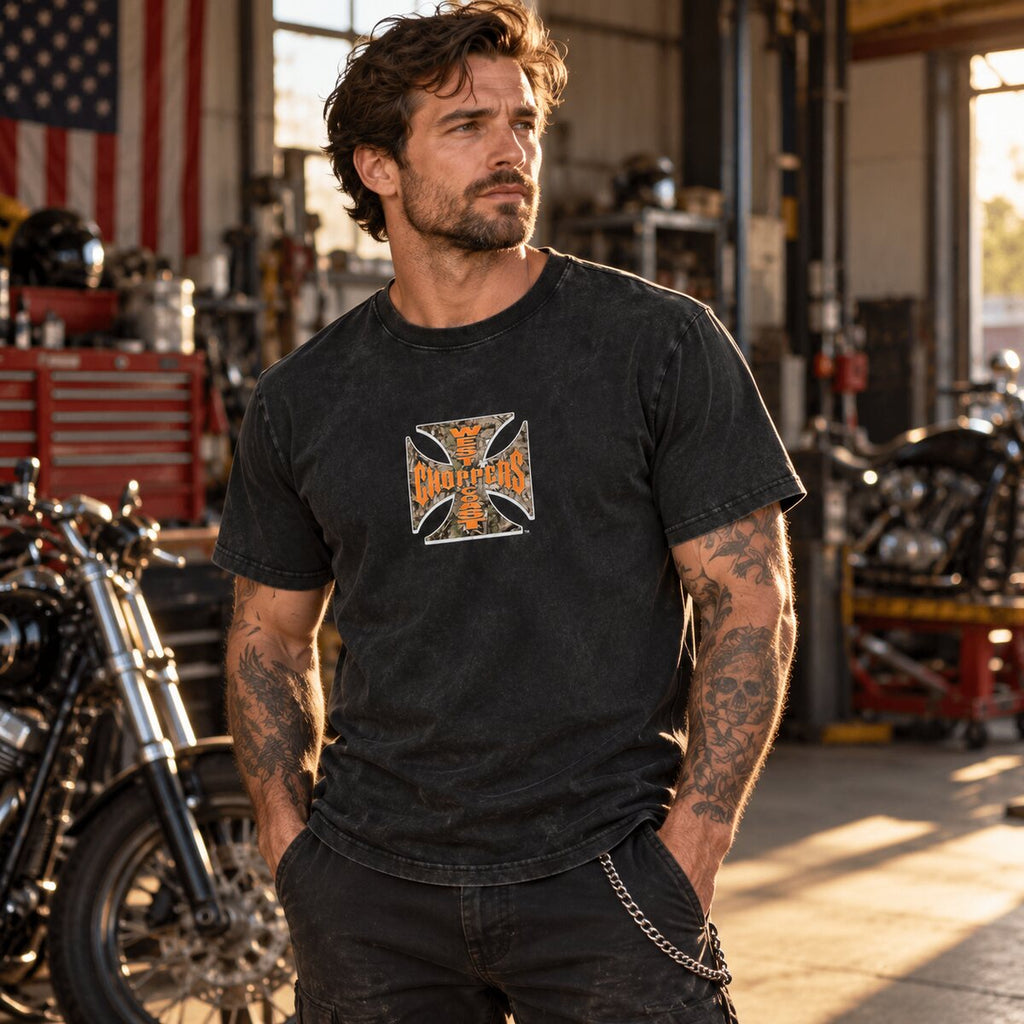 West Coast Choppers Camo Graphic T-Shirt/Sweatshirt/Hoodie – Vintage Washed Boxy Biker Tee