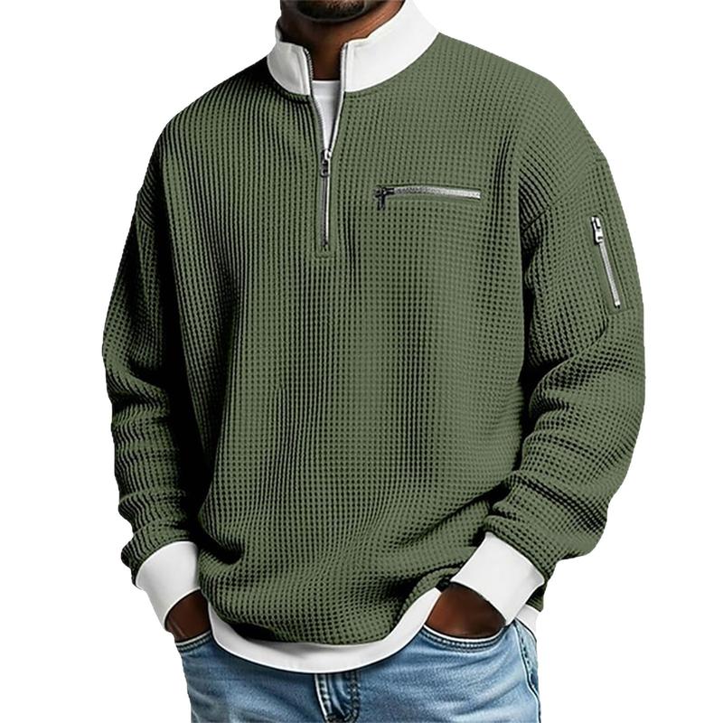 Men's Waffle Knit Quarter-Zip Pullover – Contrast Collar Casual Sweatshirt