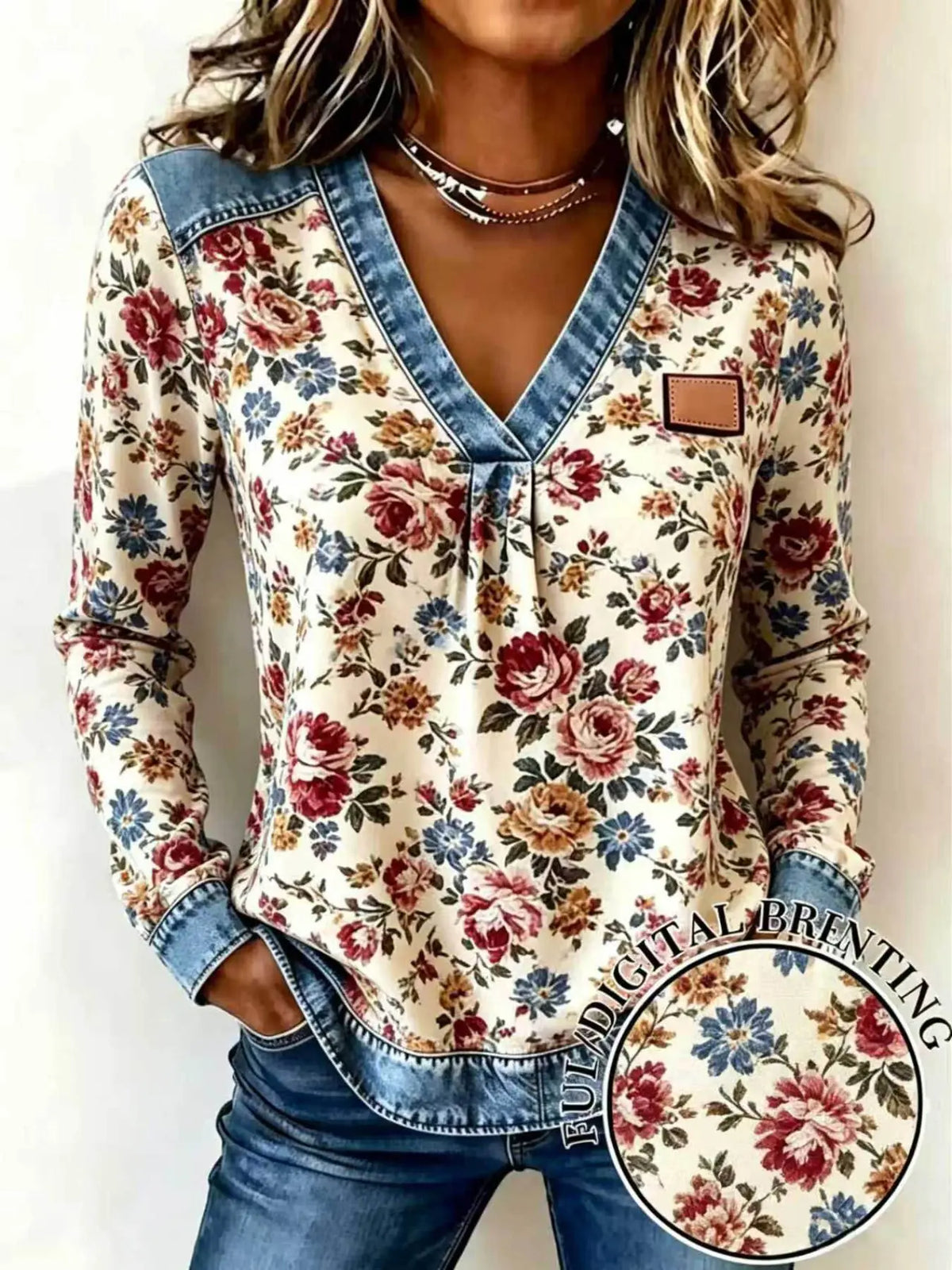 Women’s Plaid V-Neck Top – Faux Denim Trim Long Sleeve Casual Shirt