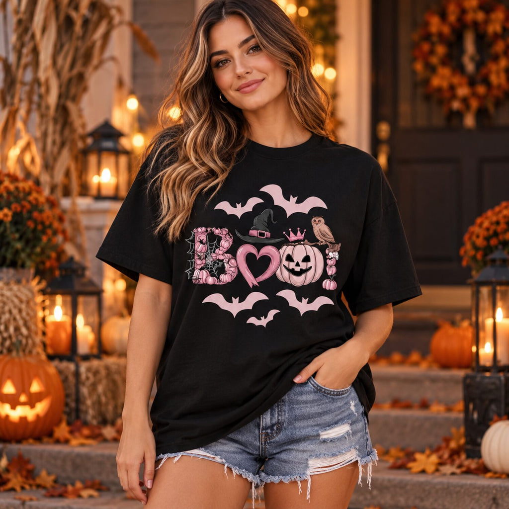 Pink Boo Halloween Shirt/Sweatshirt/Hoodie – Cute Pumpkin Bat Coquette Graphic Tee