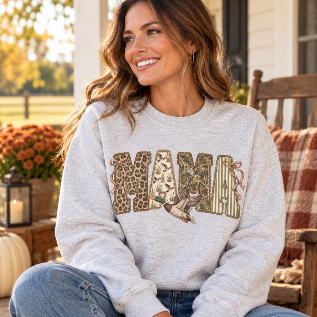 Duck Hunting Mama Sweatshirt/Hoodie/T-Shirt – Vintage Camo Bow Graphic Crewneck for Women