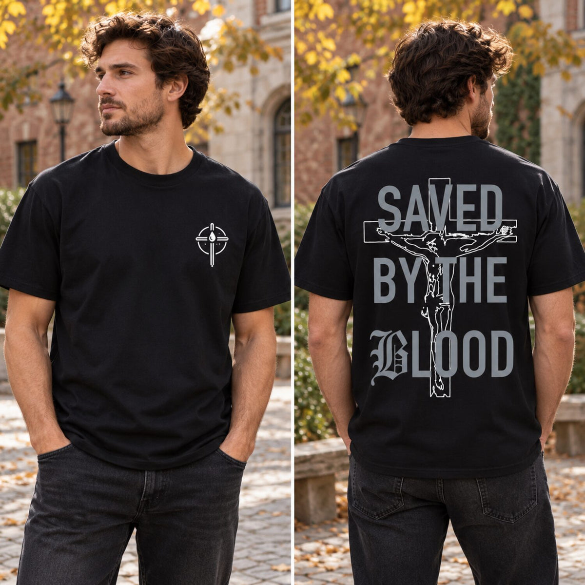 Saved By The Blood Christian T-Shirt/Sweatshirt/Hoodie – Gothic Jesus Cross Graphic Tee, Faith Streetwear Shirt