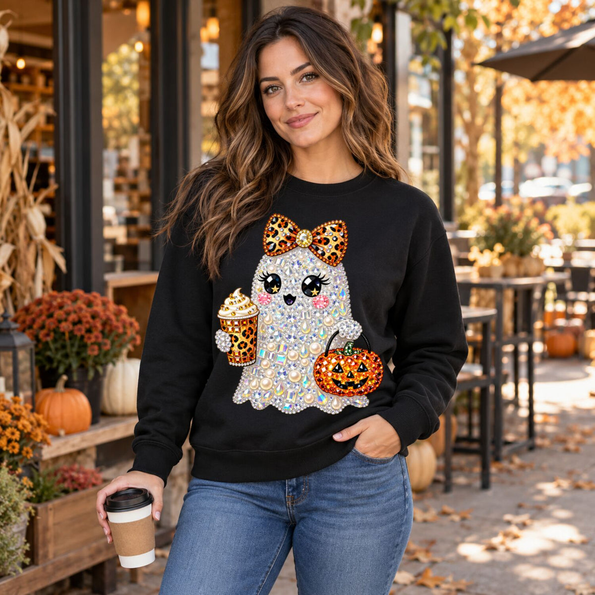 Coquette Ghost Halloween Rhinestone-Look Print T-Shirt/Sweatshirt/Hoodie – Cute Pearl Bow Pumpkin Coffee Graphic Tee
