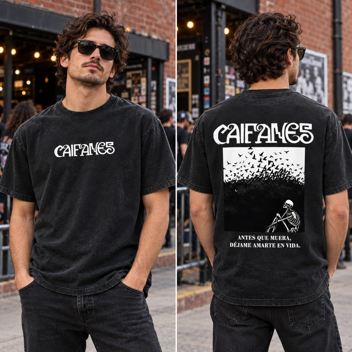 Caifanes Vintage Washed Graphic T-Shirt/Sweatshirt/Hoodie – Skeleton Birds Double-Sided Print, Mexican Rock Streetwear Tee