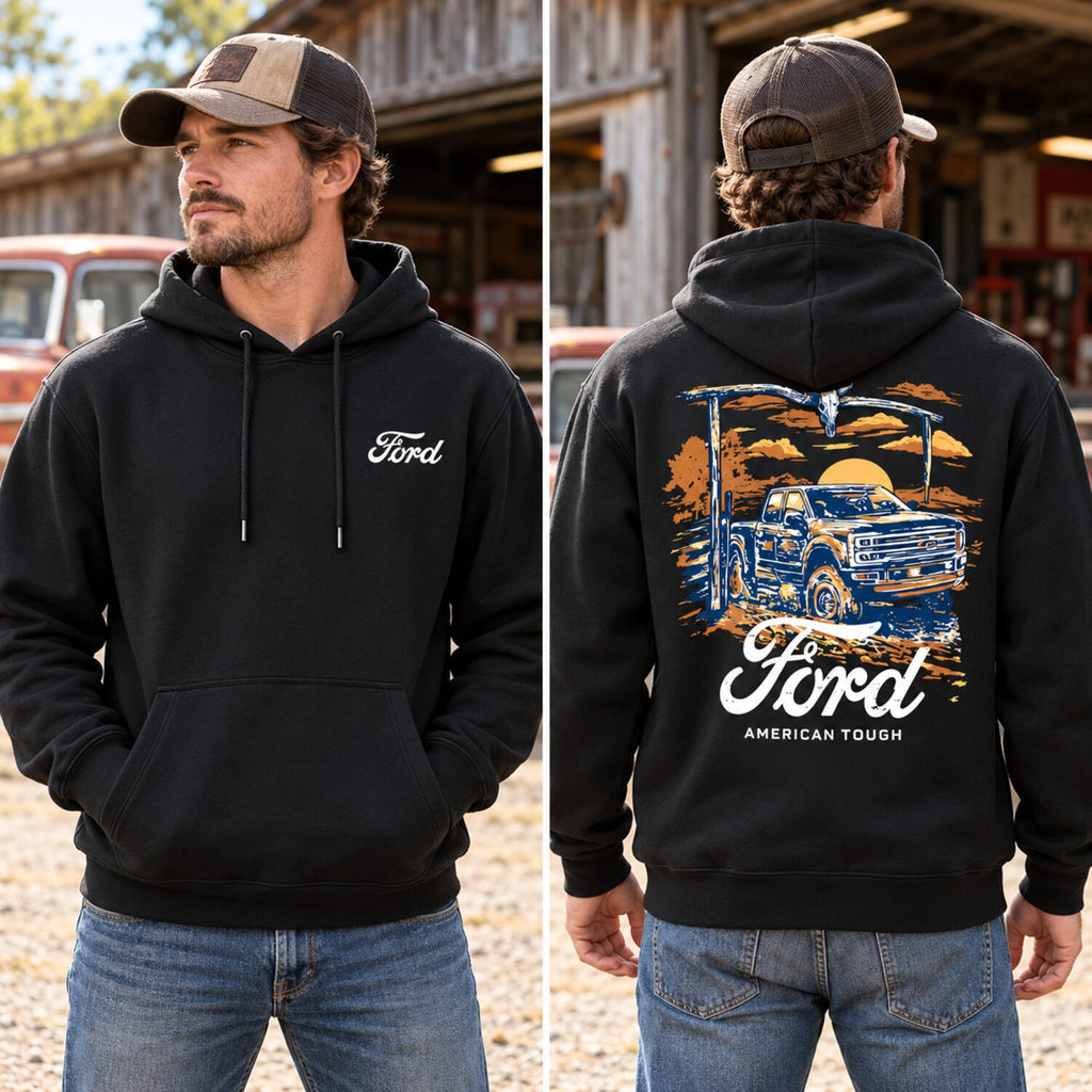 Ford American Tough Vintage Truck Hoodie/Sweatshirt/T-Shirt – Retro Pickup Sunset Graphic Pullover, Western Automotive Sweatshirt