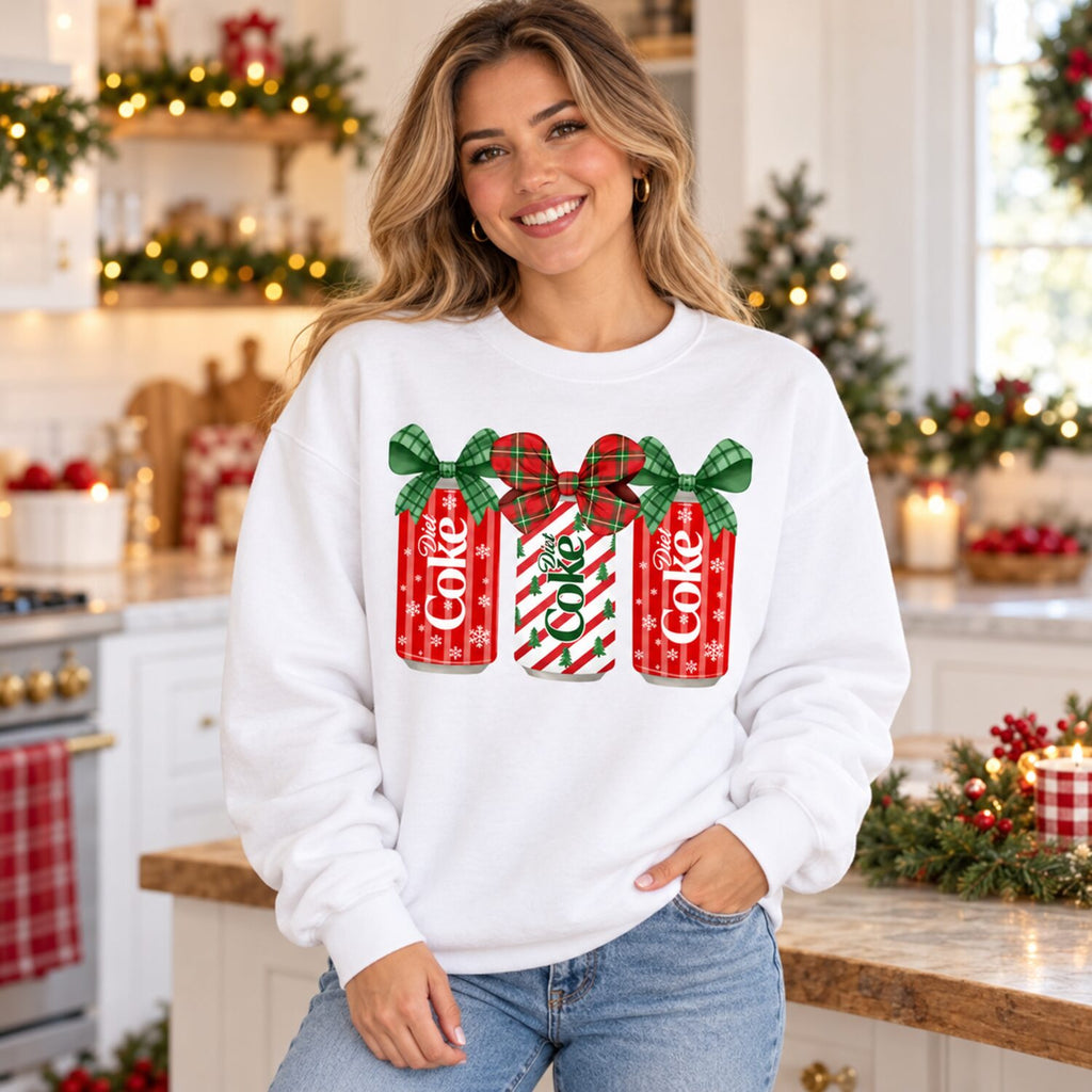 Christmas Soda Bow Sweatshirt/Hoodie/T-Shirt – Cute Plaid Ribbon Holiday Graphic Crewneck