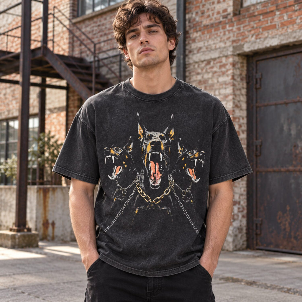 Vintage Washed Doberman Graphic Tee – Oversized Dark Streetwear T-Shirt/Sweatshirt/Hoodie with Distressed Chain Print