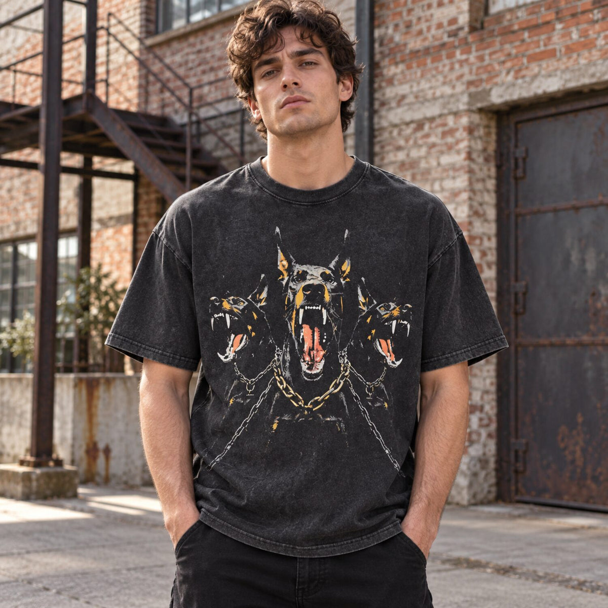 Vintage Washed Doberman Graphic Tee – Oversized Dark Streetwear T-Shirt/Sweatshirt/Hoodie with Distressed Chain Print
