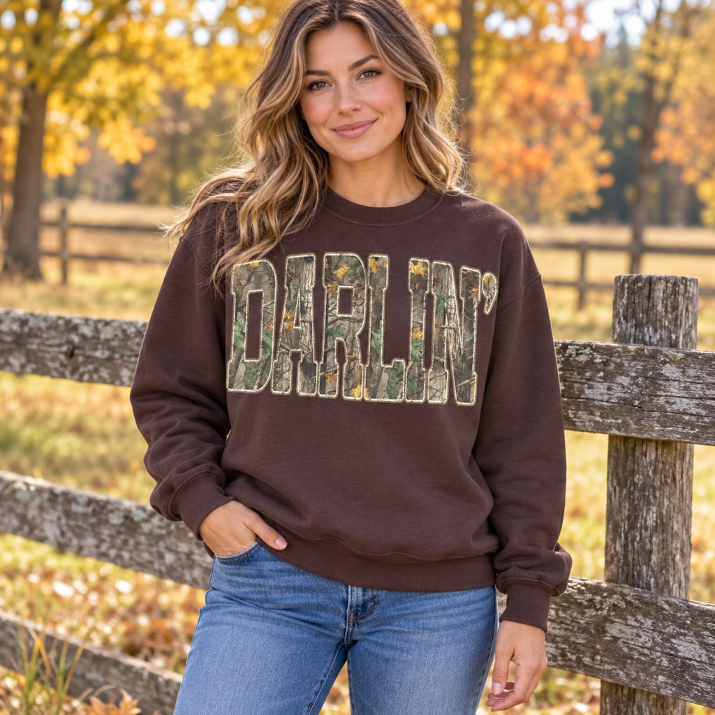 Darlin' Camo Sweatshirt/Hoodie/T-Shirt – Retro Southern Country Western Graphic Crewneck