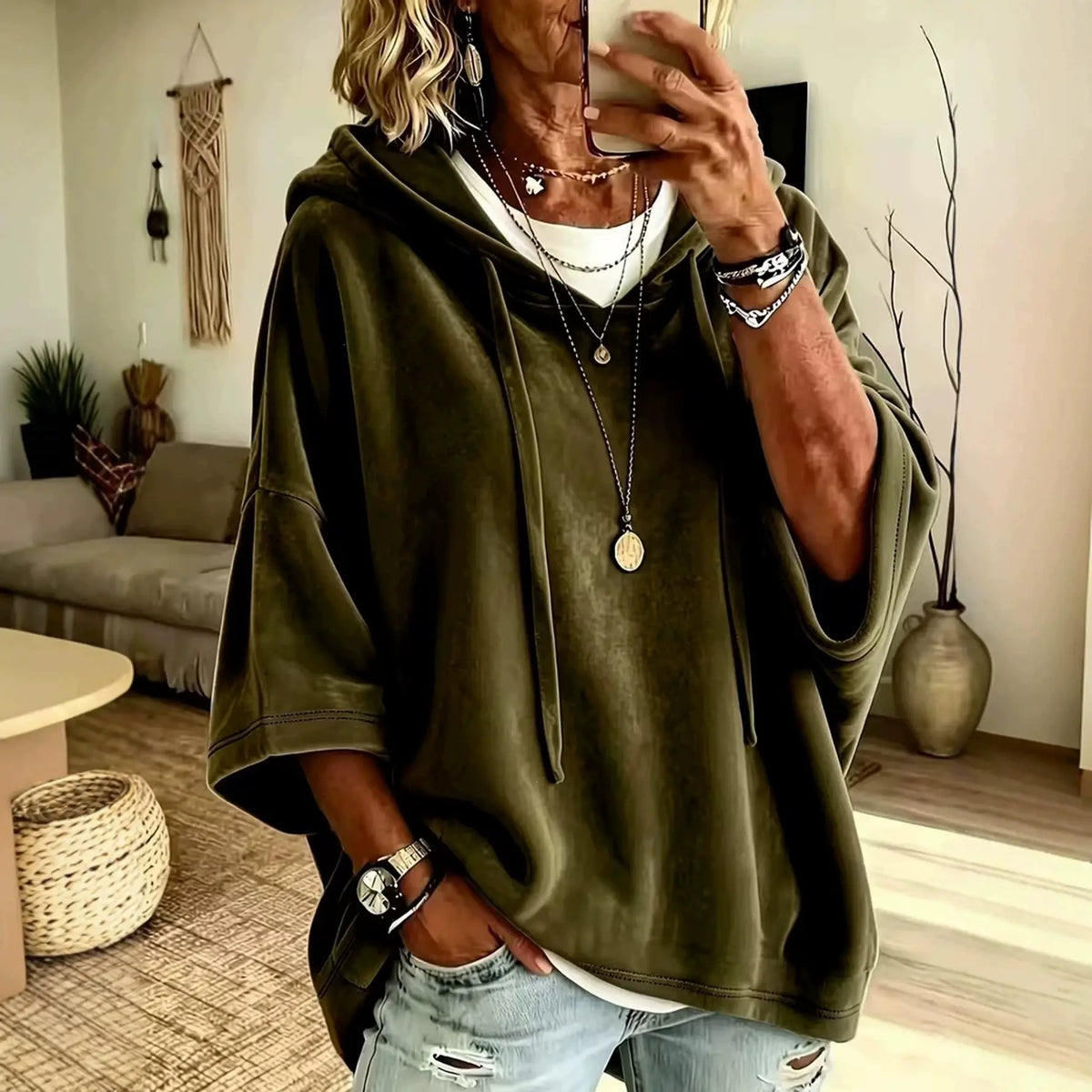 Women’s Relaxed Oversized Hoodie – 3/4 Sleeve Soft Pullover Top with Drawstring Hood