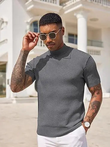 Men's Ribbed Mock Neck T-Shirt – Minimalist Short Sleeve Knit Top