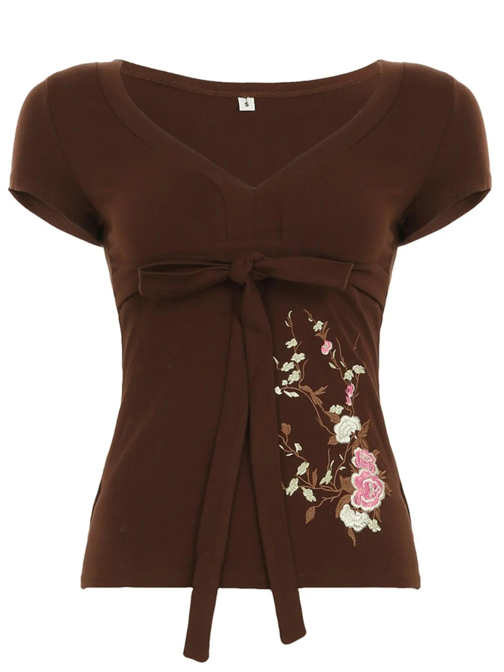 Floral Embroidered Tie Front Top | Feminine Vintage Y2K Tee – Short Sleeve & Long Sleeve Options