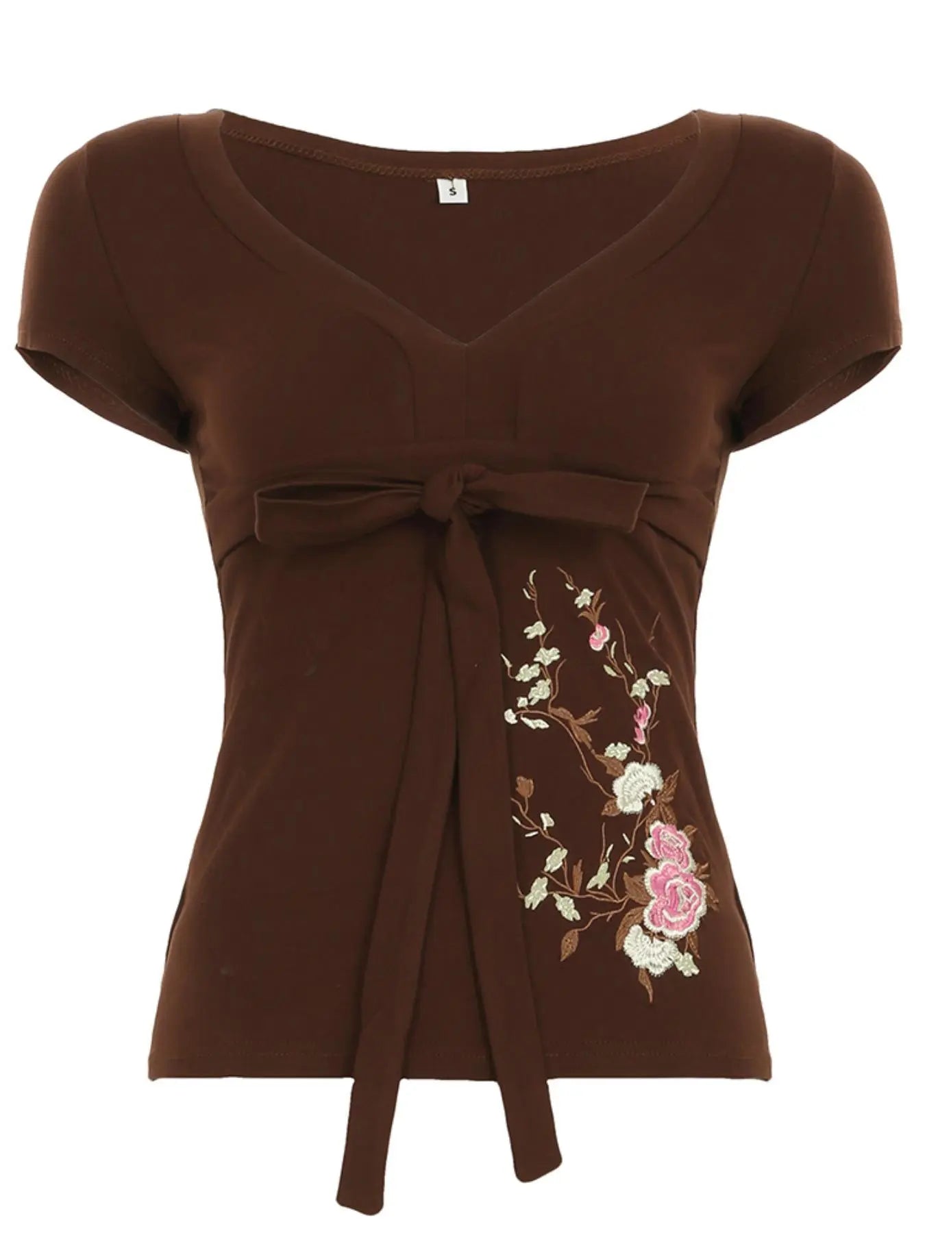 Floral Embroidered Tie Front Top | Feminine Vintage Y2K Tee – Short Sleeve & Long Sleeve Options