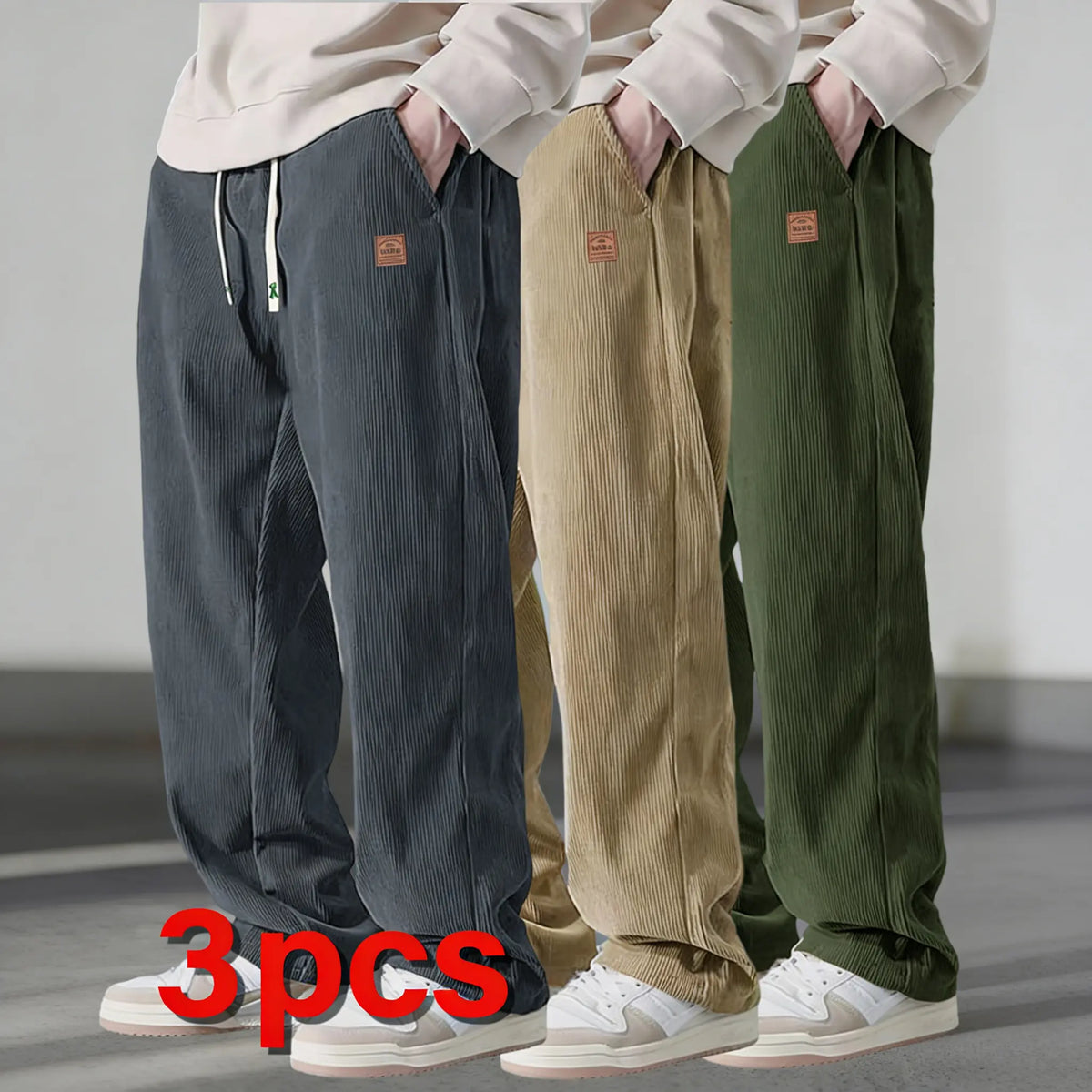 Men’s 3-Pack Corduroy Pants – Loose Fit Drawstring Casual Straight Leg Trousers