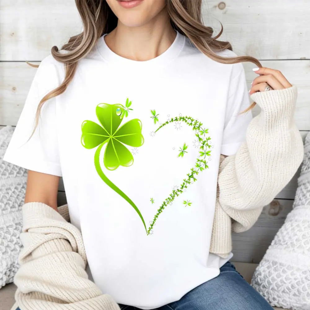 Crew Neck T Shirt  Four Leaf Clover Heart Design St Patrick's Day Celebration