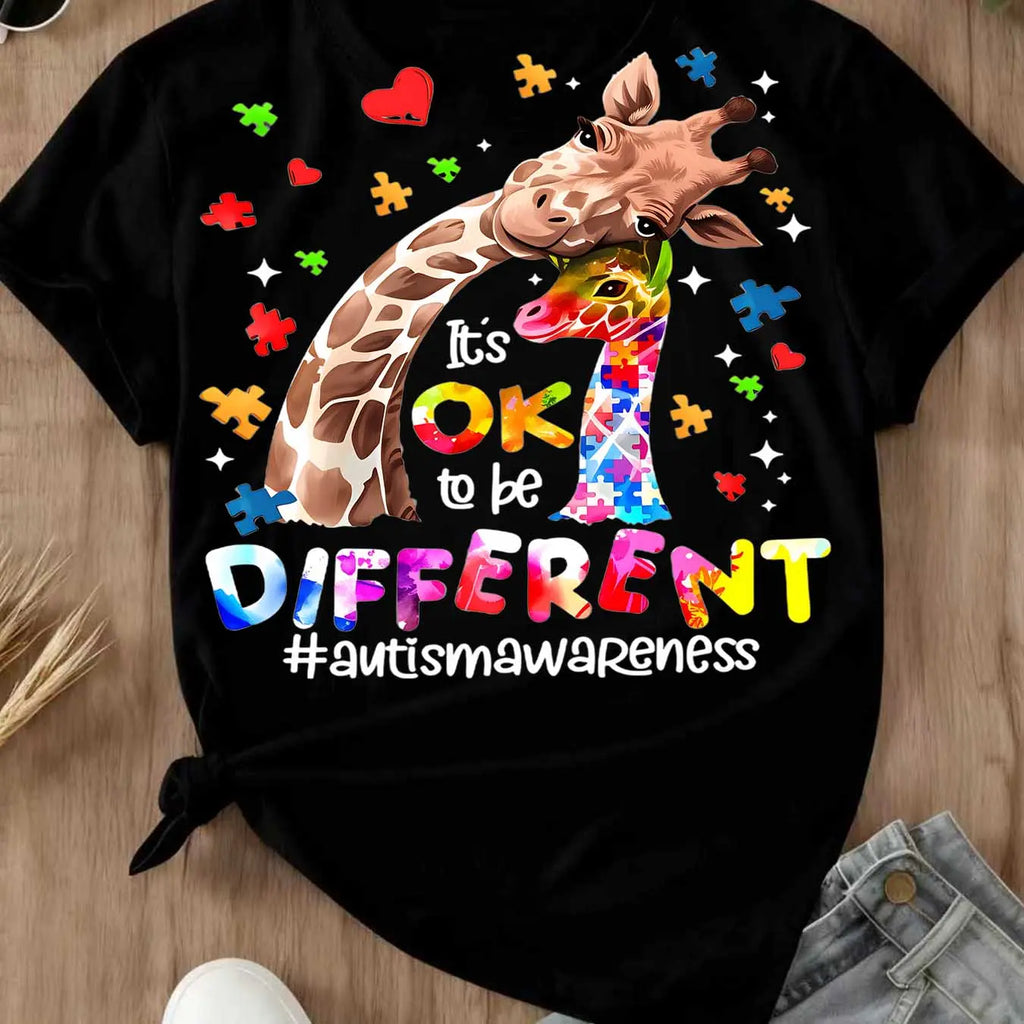 “Ok To Be Different” Autism Awareness Shirt/Sweatshirt/Hoodie – Giraffe Puzzle Heart Graphic Tee for Women