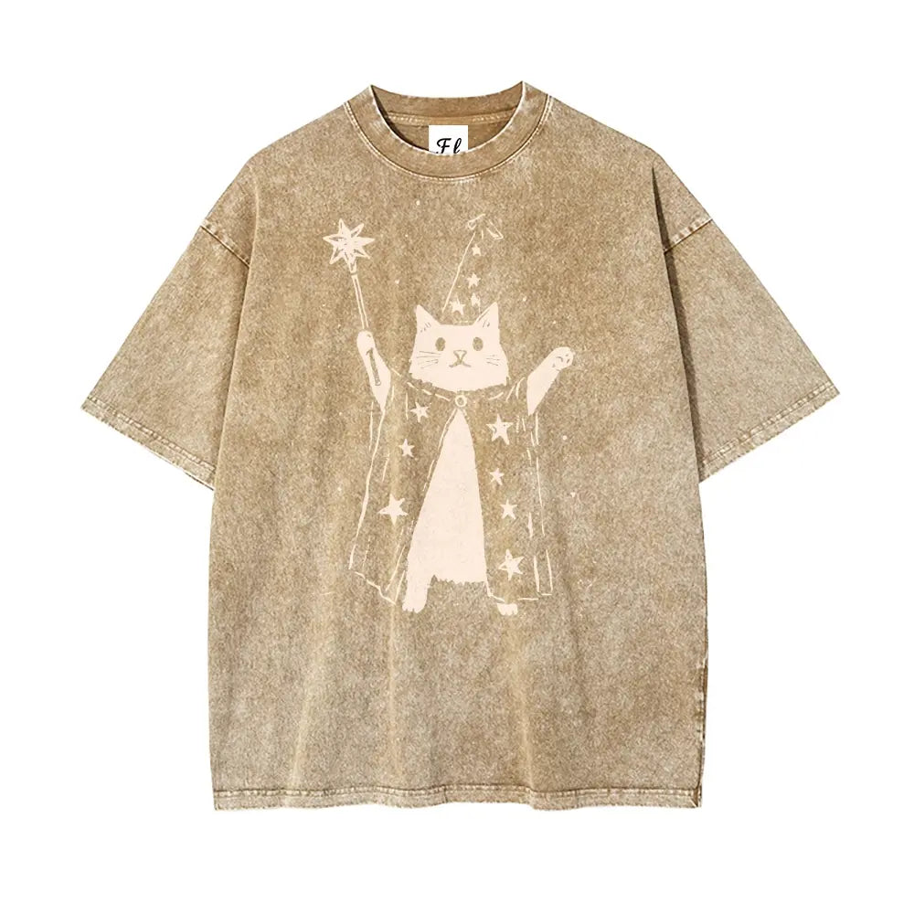 Wizard Cat Vintage Washed T-Shirt/Sweatshirt/Hoodie – Cute Fantasy Graphic Unisex Tee