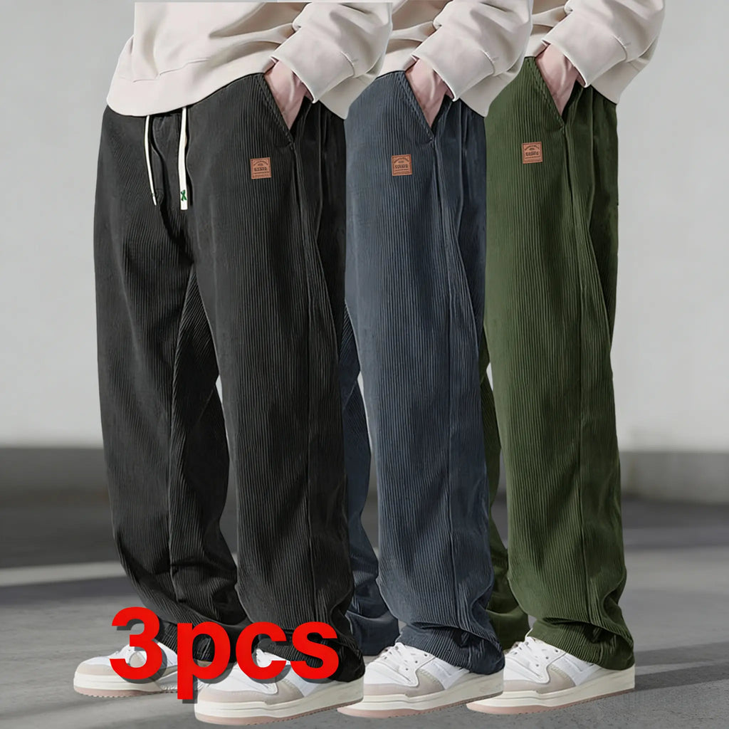 Men’s 3-Pack Corduroy Pants – Loose Fit Drawstring Casual Straight Leg Trousers