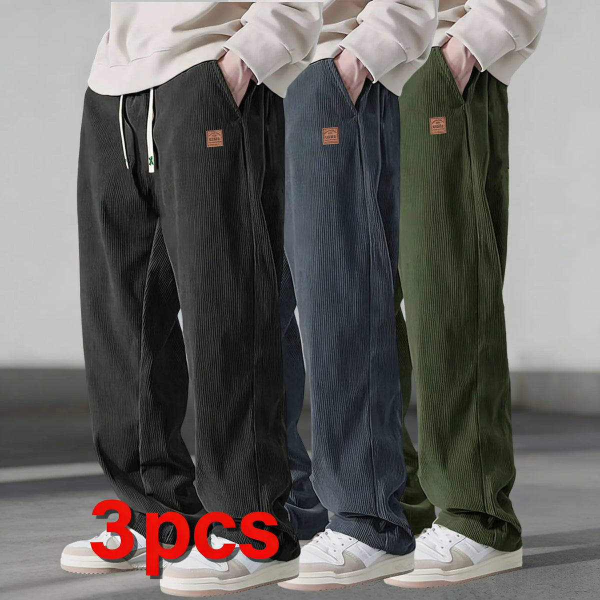 Men’s 3-Pack Corduroy Pants – Loose Fit Drawstring Casual Straight Leg Trousers
