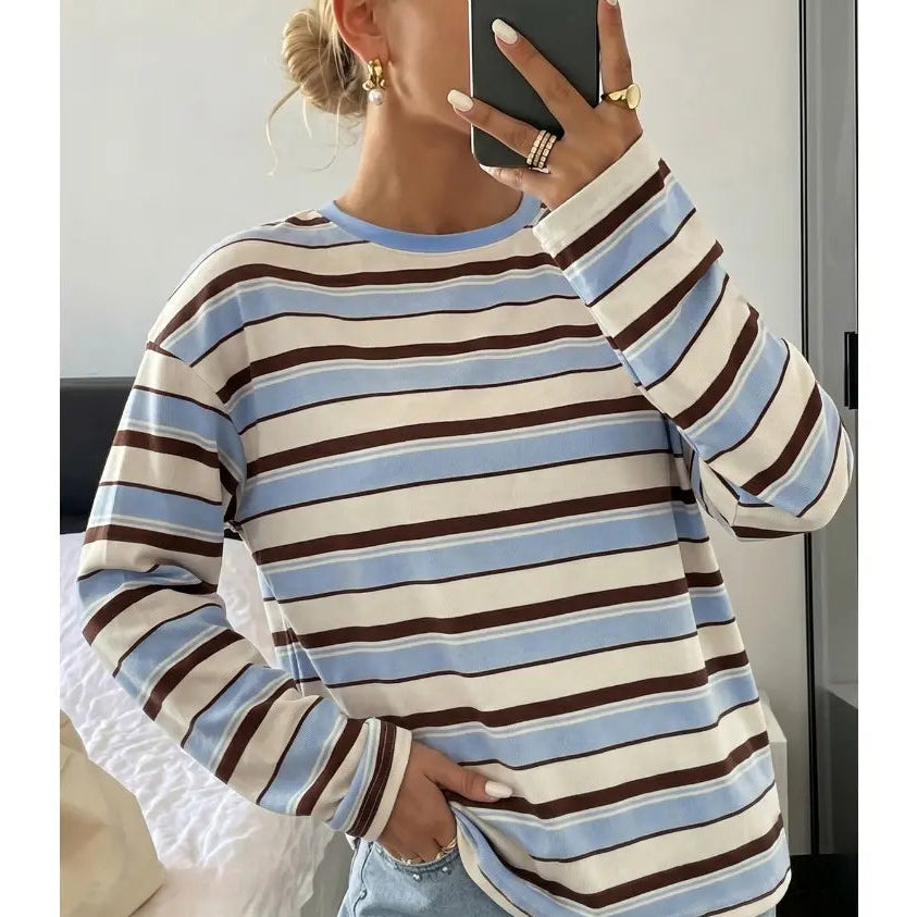 Retro Striped Long Sleeve Top – Women's Relaxed Everyday Tee