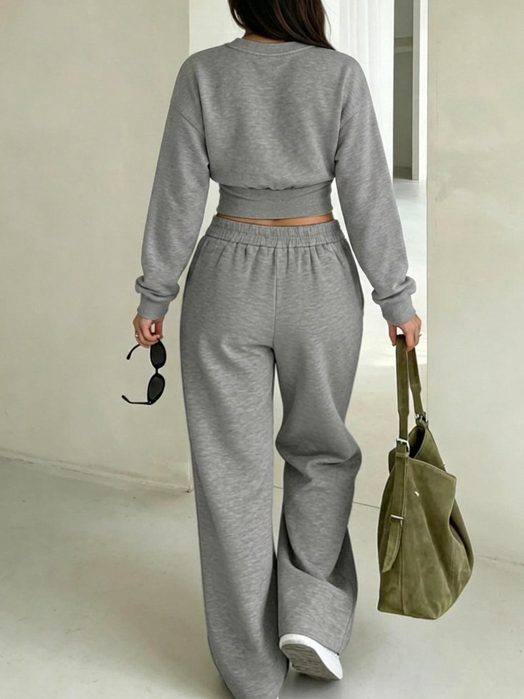 Women's Cross Waist Wide Leg 2-Piece Lounge Set – Cropped Sweatshirt & Pants