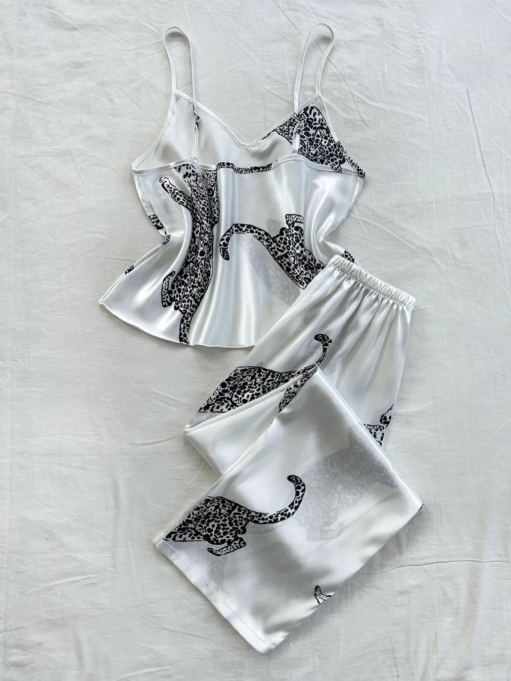 Women's Satin Leopard Pajama Set – Elegant Cami Lounge Set for Cozy Nights