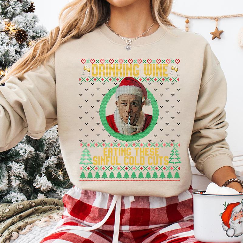 Charlie Hunnam Ed Gein Ugly Christmas Sweatshirt, Drinking Wine Eating These Sinful Cold Cuts Xmas Sweater, Ed Gein Monster Shirt