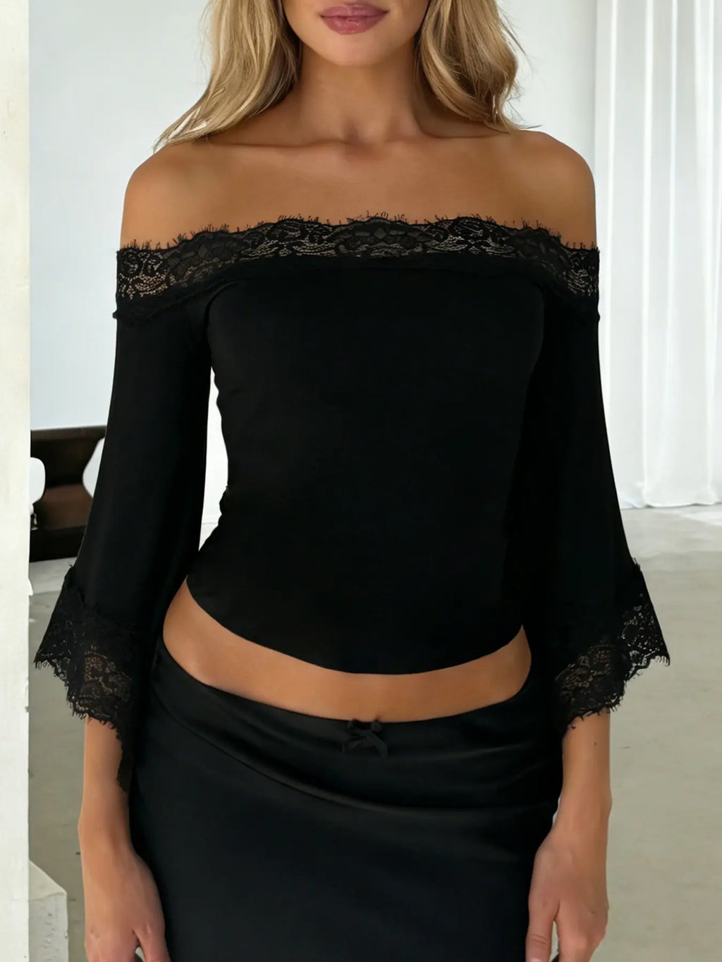 Y2K Lace Off Shoulder Long Sleeve Top for Women