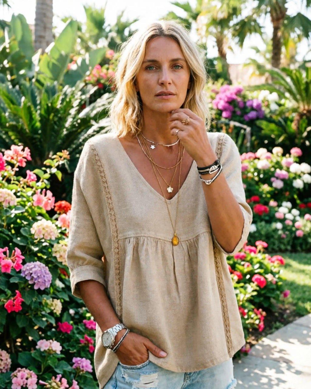 Women's V Neck Boho Blouse – Relaxed Fit Lace Detail Puff Sleeve Casual Top
