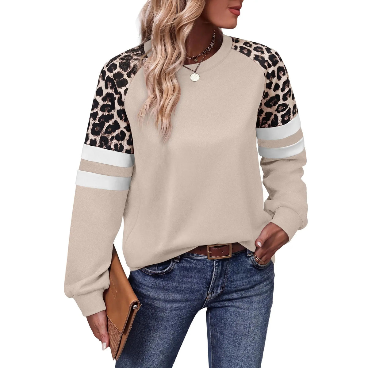 Women’s Leopard Color Block Sweatshirt – Long Sleeve Crewneck Casual Pullover Top