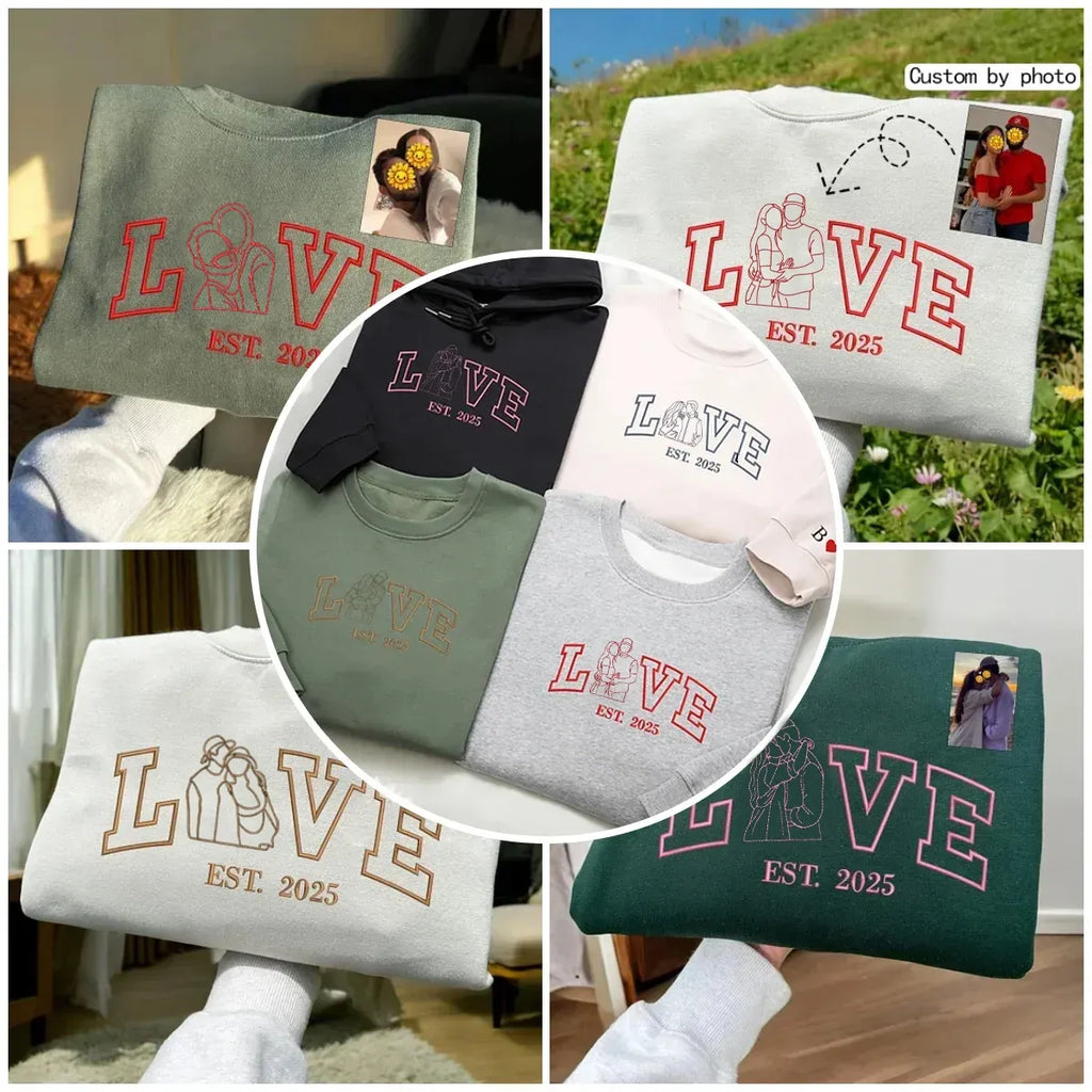 Personalized Embroidered Photo Couple LOVE EST Year Sweatshirt/Hoodie