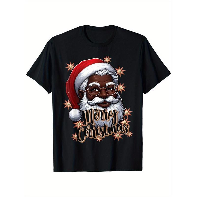 African American Santa Christmas Pajama Black X-Mas T-Shirt 100% Cotton Round Neck T-shirt for Men Women Family Friends, Bold Humorous Design, Perfect for Casual Gatherings & Holidays